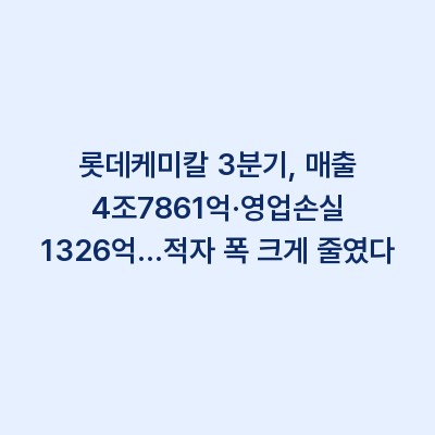 롯데케미칼 3분기, 매출 4조7861억·영업손실 1326억…적자 폭 크게 줄였다